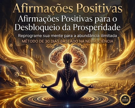 Capa do e-book Afirmações Positivas para o Desbloqueio da Prosperidade sobre a mesa, ao lado de um caderno aberto